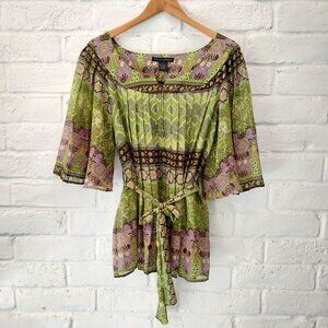 Grace Elements Tunic Top Womens Small Green Floral Sheer Pleated Belted Oversize